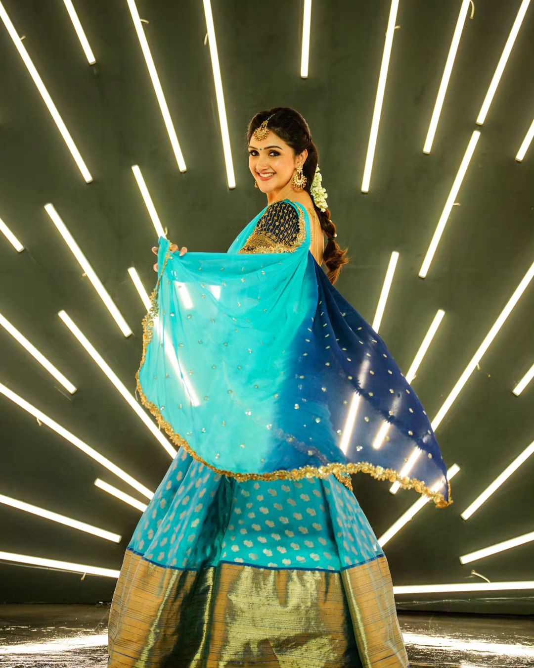 Telugu Tv Actress Sridevi Vijaykumar in Sky Blue Lehenga Choli